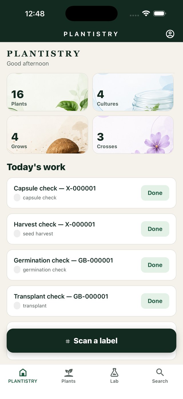 The Plantistry dashboard on iPhone, showing collection counts and the day's work.