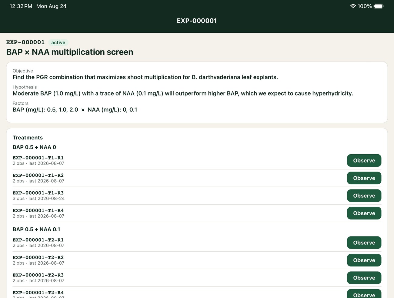 An experiment open on iPad, listing every treatment and replicate with an Observe button.