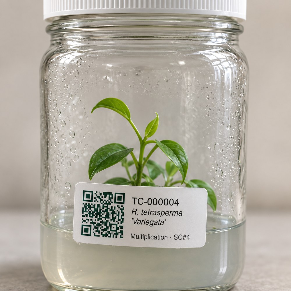 A tissue culture jar wearing its QR label